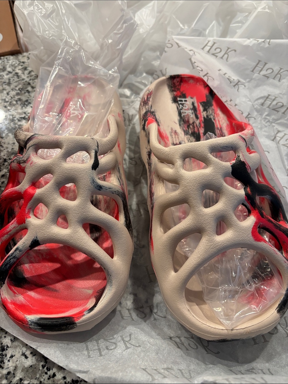 Foam Slide Sandals in Red, Black & Cream